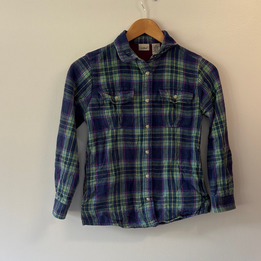 L.L. Bean Green and Blue Plaid flannel fleece lined Shacket girls 10-12 M